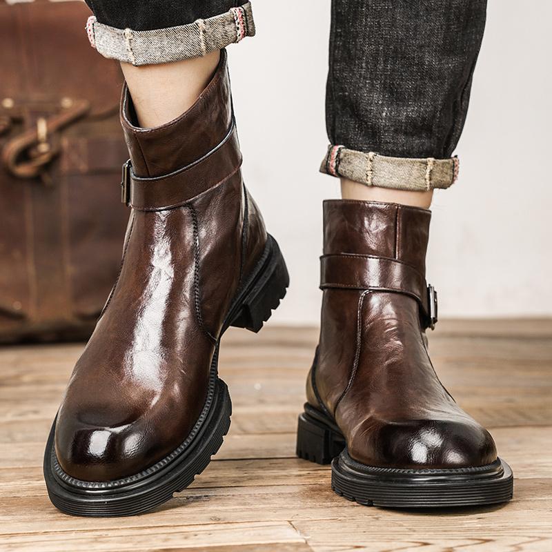 Fashion Leather Boots Slip On Ankle Boots High Top Heels For Men Casual Platform Chelsea Boots Men's Wedding Shoes Winter