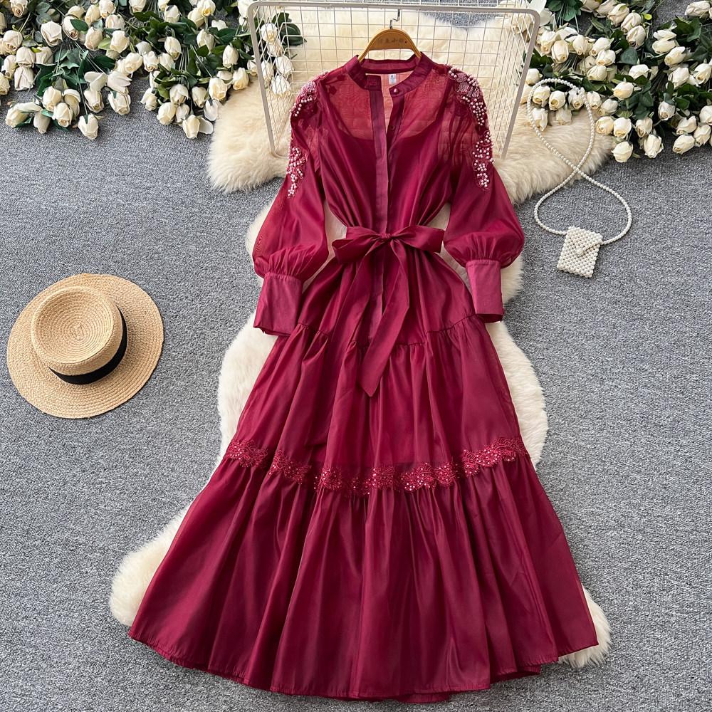 French Gentle Wind Lantern Sleeve Embroidered Dress Women's Spring Bead Waist Strap A-word Long Dress Temperament Commuter