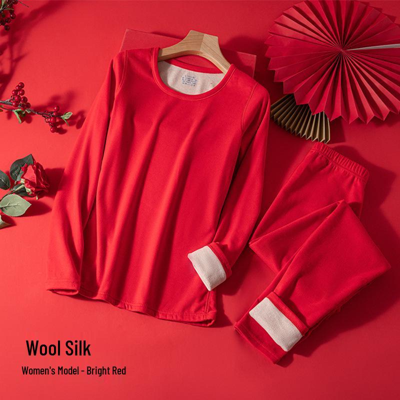 Men's and Women's Wool-Silk Fleece Lined Warm Double-Sided Brushed Underwear Set for Fall and Winter