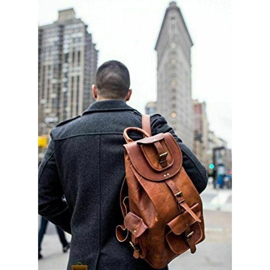 Leather Bag Goat Vintage Backpack Laptop Rucksack Genuine Travel Brown Men's New