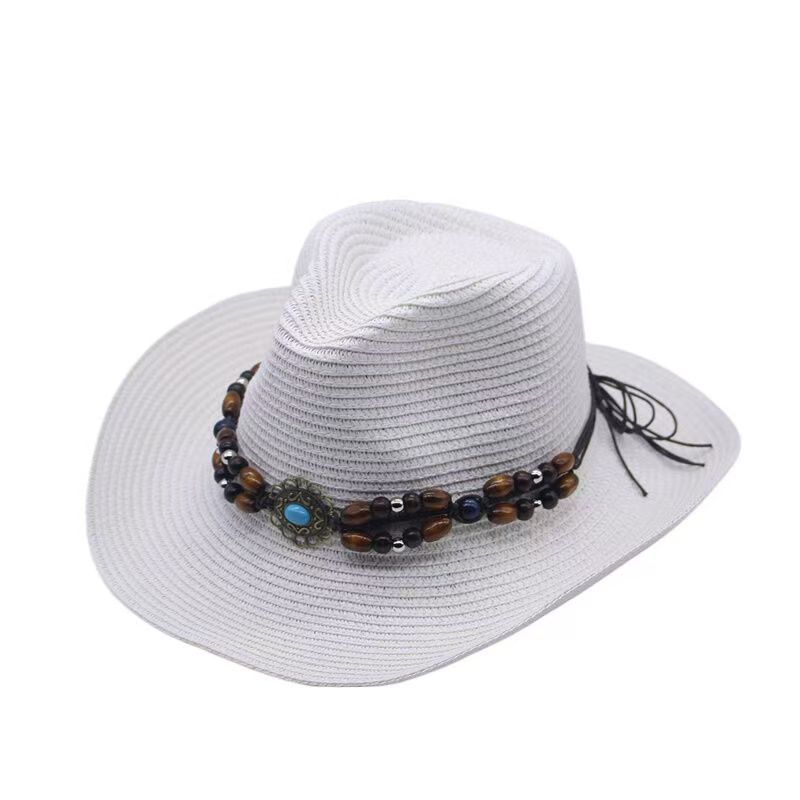 Spring and summer ethnic style western denim straw hat European and American men and women foldable windbreak rope knight sun hat adult