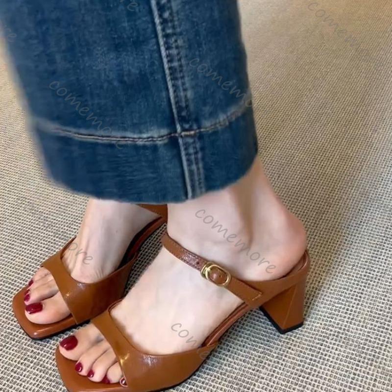 Fashion Comemore Women Summer Square Head Slippers Fashion Open Toe Chunky Heel Sandals Ladies Elegant Banquet Party Dress High Heels