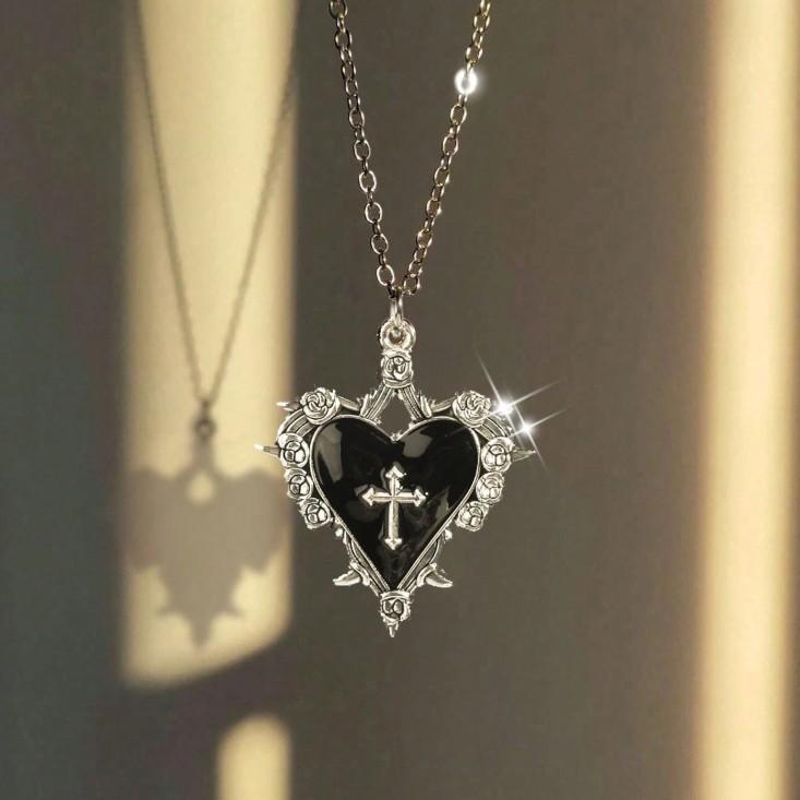 Gothic Heart Shape Necklace With Cross Pendant For Men Women In Vintage Style