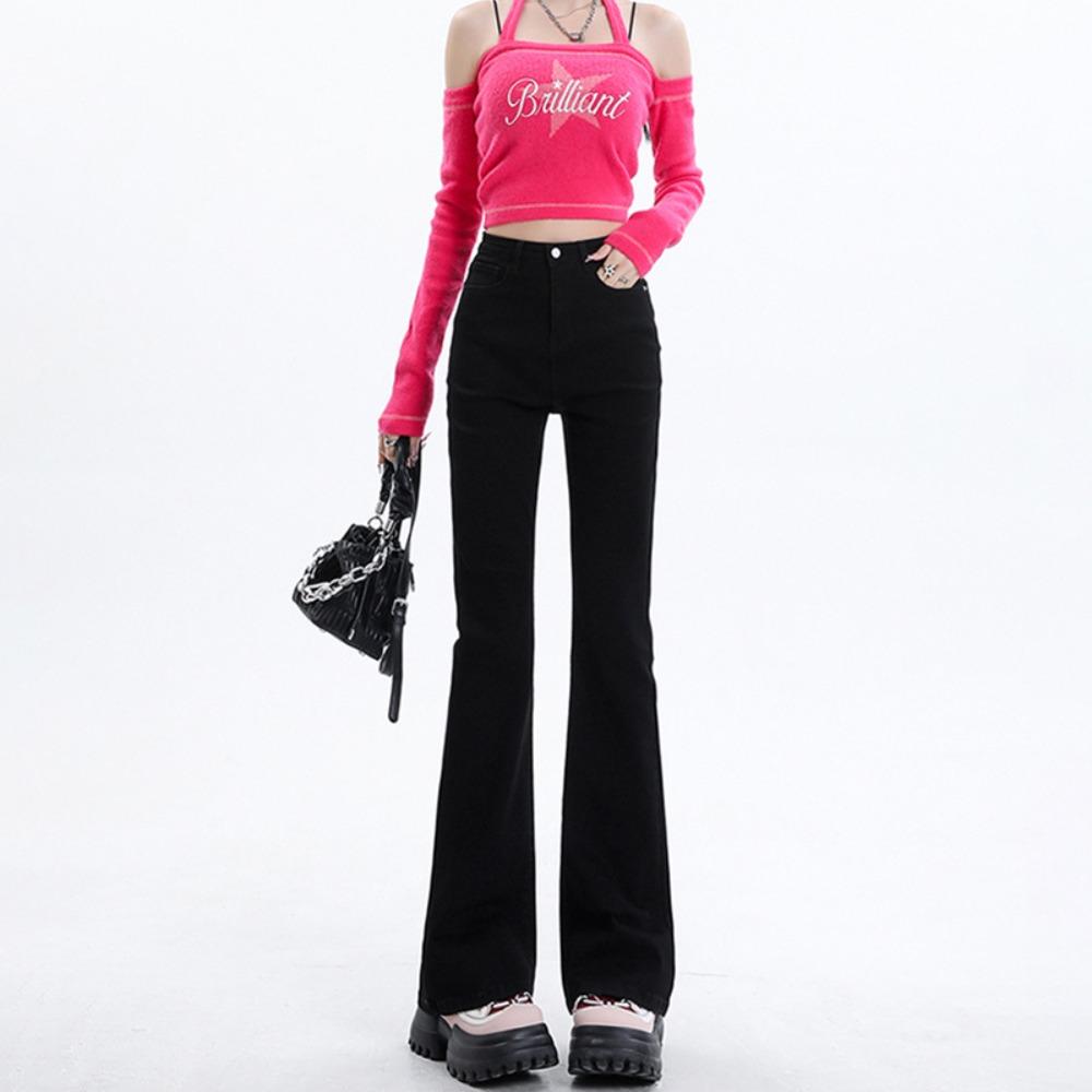 Versatile high-waisted micro-flared pants elastic and thin jeans women's autumn horseshoe long denim plus trousers
