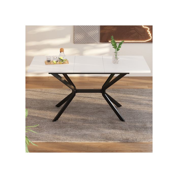 Table à rallonge blanche MUVOE 120–160 × 80 cm, pieds métal noir — 4 à 6 places, plateau MDF