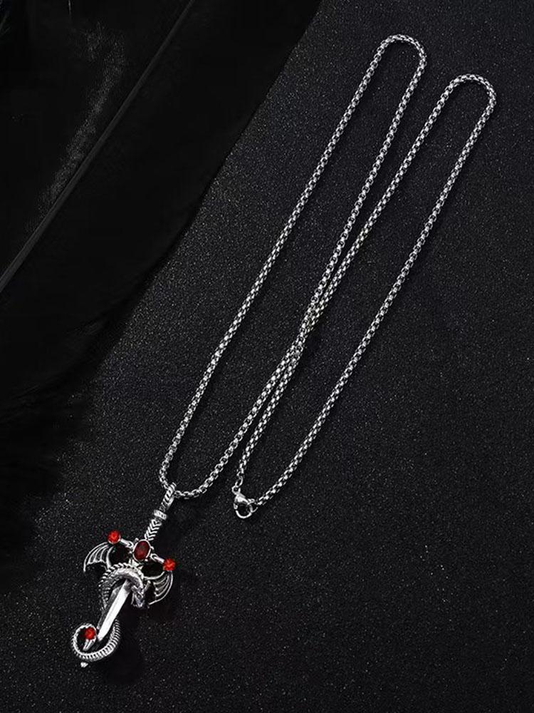 Fantasy Dragon Shaped Sword Necklace Multi-color Series Three-dimensional Dragon Winding Sword Inlaid with Gemstones Decoration