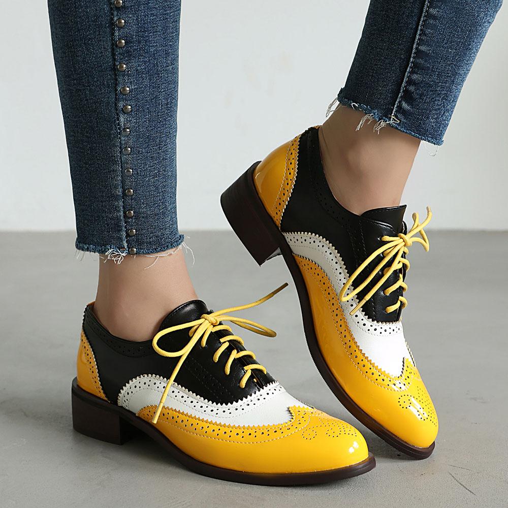 Dropship Dames Britse Patchwork Retro Brogues Schoenen Lente Vintage Veters Vierkante Lage Hakken Mary Janes Pumps Grote Maat 48