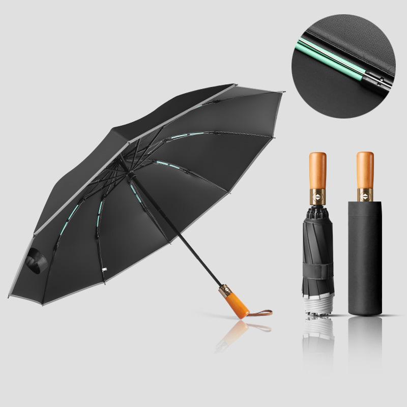 

1 шт. Полностью автоматический зонт с деревянной ручкой для дождя, тройной, солнцезащитный и ветроустойчивый, 98 см, 10 костей, обратное складывание