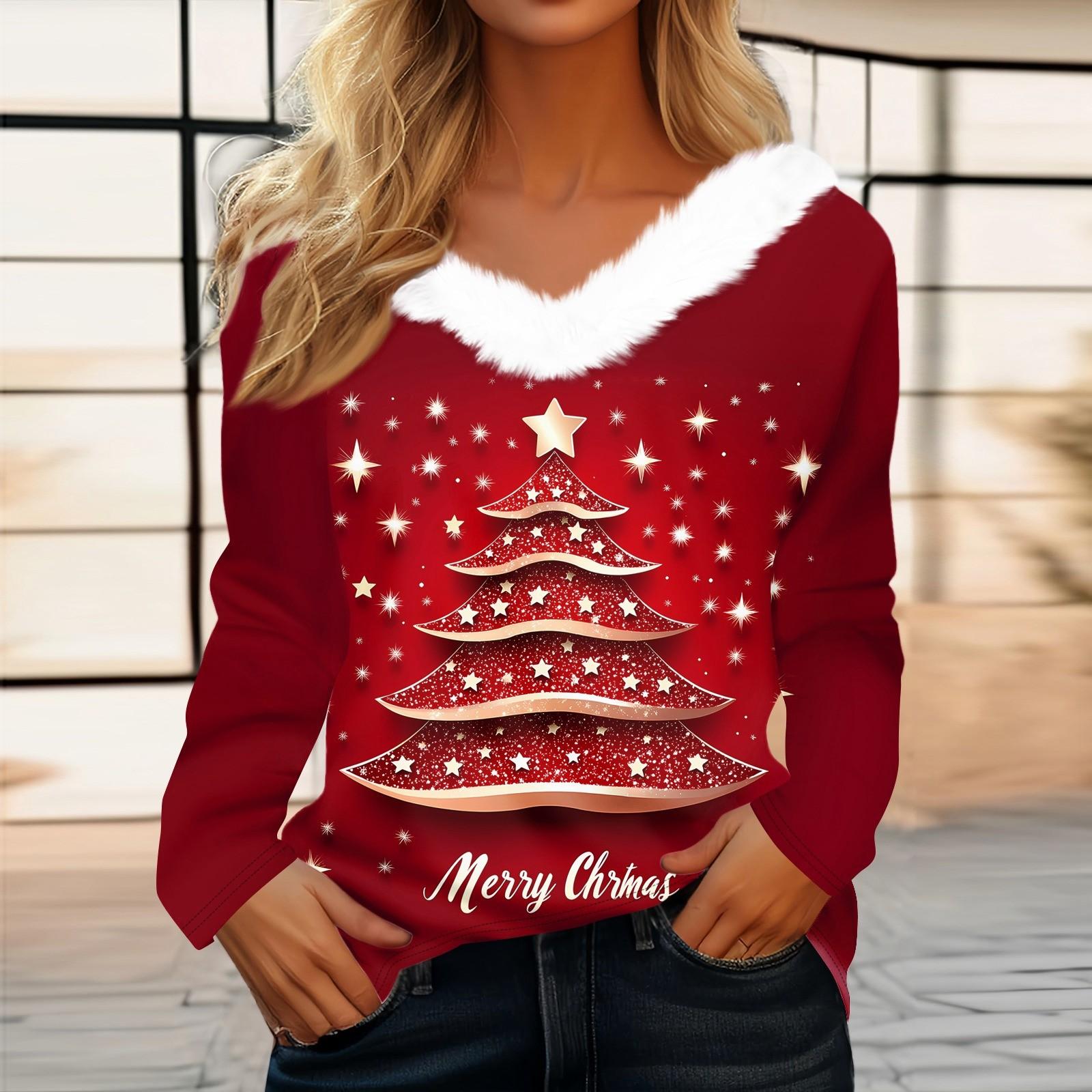 

Жіноча футболка Футболка з різдвяним принтом Сорочка з довгим рукавом для вечірки з різдвяним флісовим коміром і V-подібним вирізом XXXL червоний