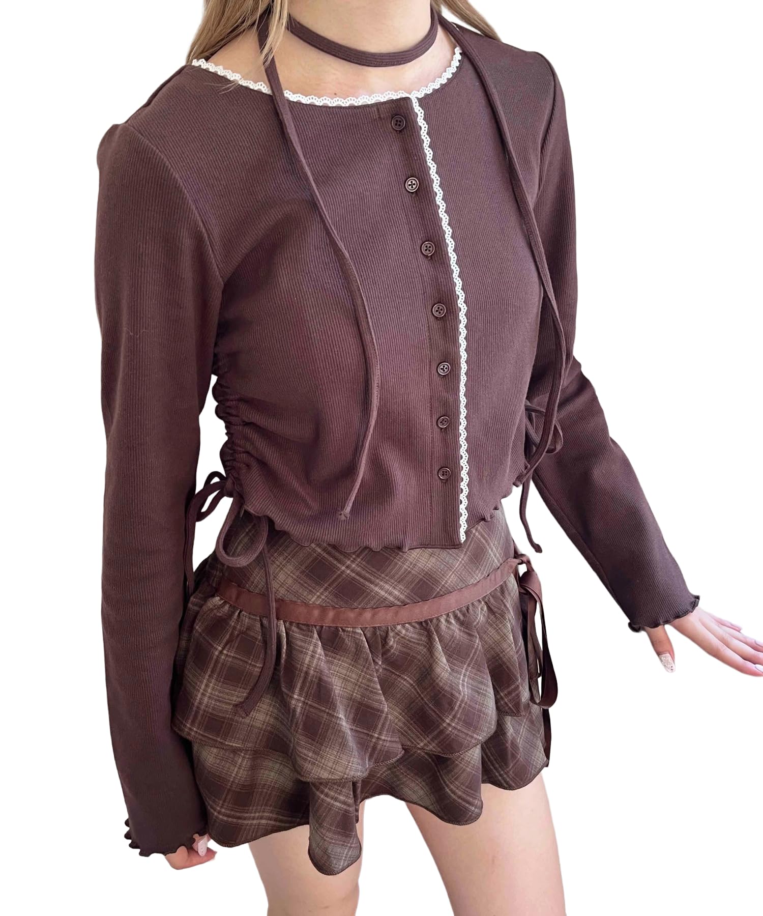 

WEGO PHILLY Комплект кардигана и чокера с кружевом и рубчиком, коричневый женский кардиган,