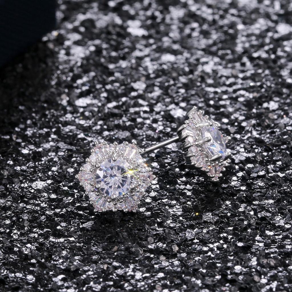 Round Center Stone Mixed Cut Double Halo Flower Stud Earrings Elegant Women Daily Party Jewelry