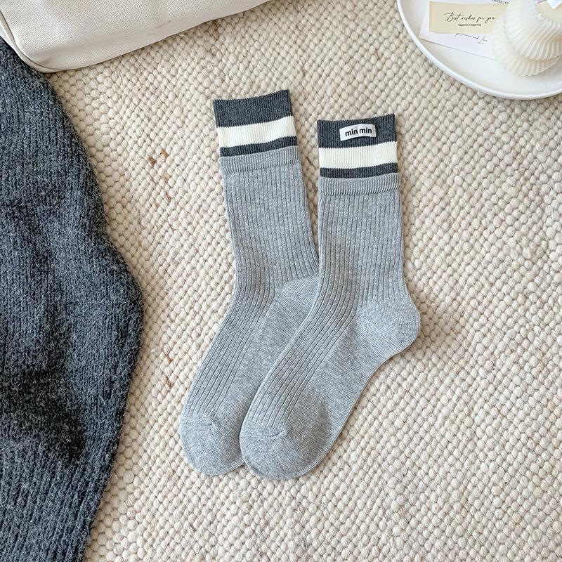 Female Autumn New Letter Cloth Label Double Collar Matching Color Stripe Boneless Tube Stack Socks