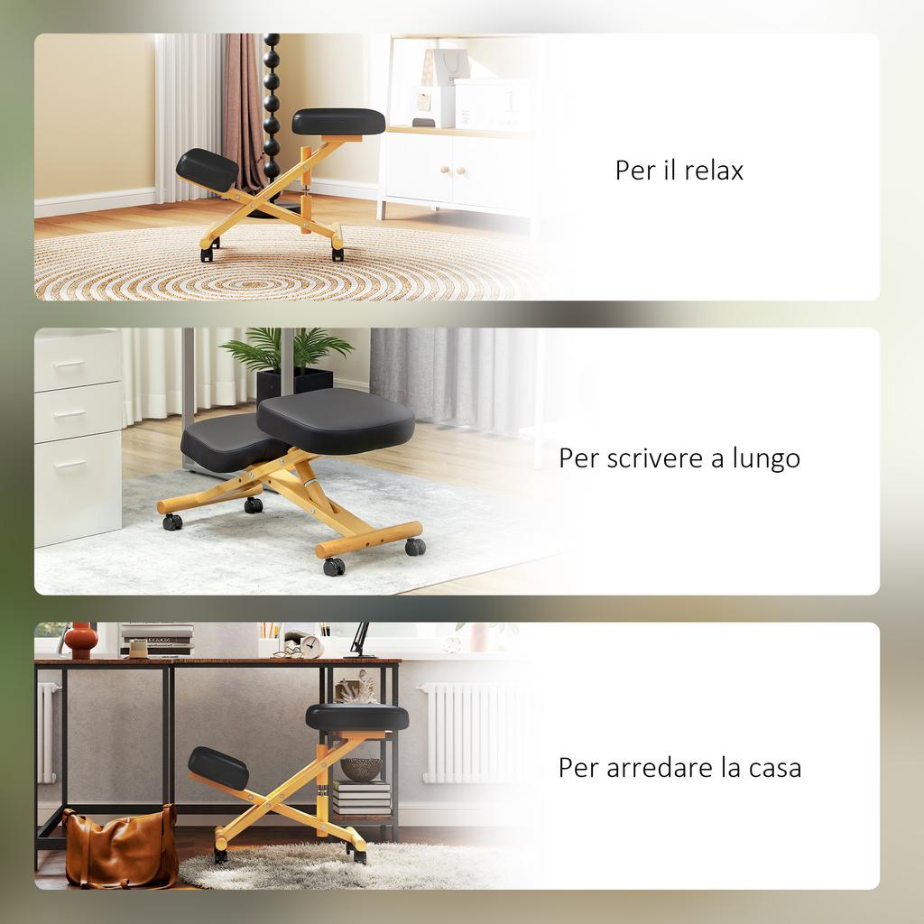 Ergonomic Posture Chair with Kneeler and Wheels, in Rubberwood, Black