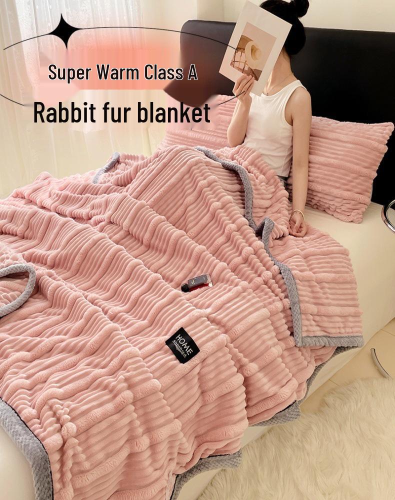 Milk Rabbit Fluffy Blanket - Mother & Child Striped Fleece, All-Season Cozy Small Throw