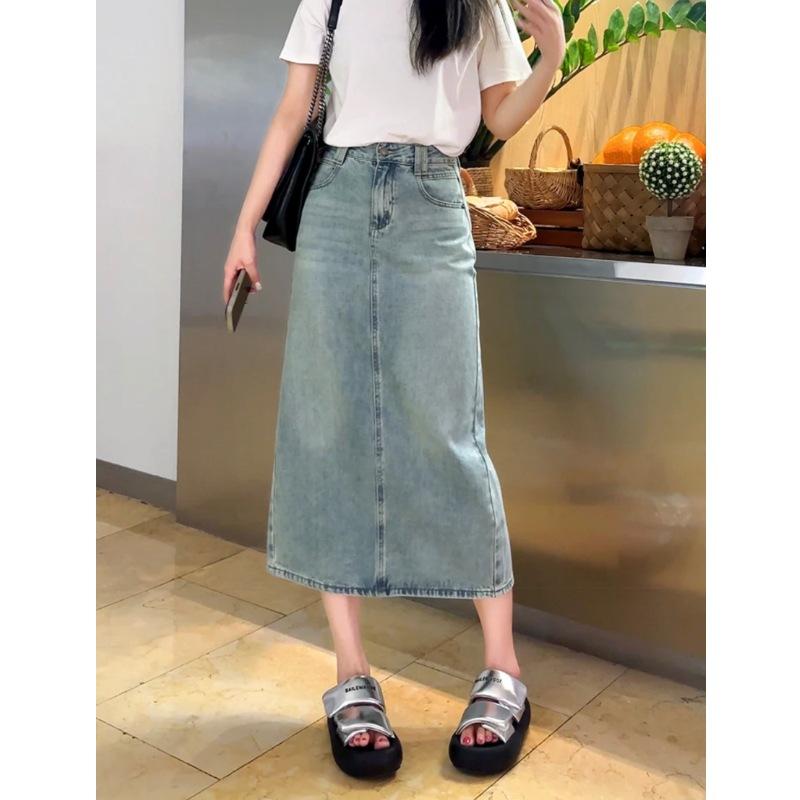 Split Denim Half-body Skirt Women's Summer High Waist Mid-length Denim Skirt A-line Skirt
