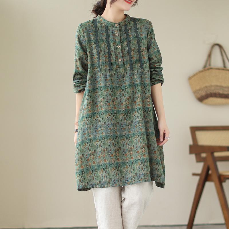 

Литературная милая органная блузка с круглым вырезом и цветочным принтом, женская хлопковая льняная рубашка с длинным рукавом 2XL зелёный