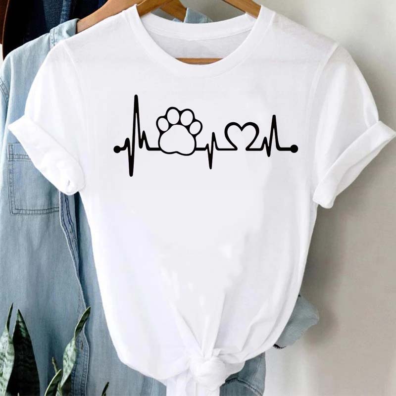 Maycaur Women T Shirt Fashion Dog Heartbeat Print T-shirt Funny 90s Print T Tee Womens Tshirt for Female Red Shirt Clothes Tops