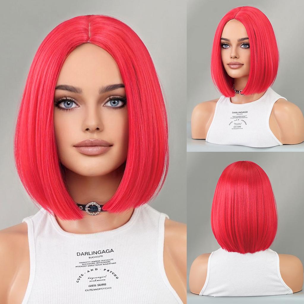 Halloween Red Short Straight Wig - Street Party Festival Middle Part Style Synthetic Machine Made Full Cap Wig, Multiple Red Options Available