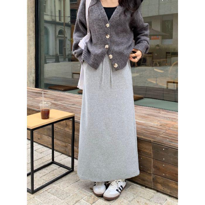 

Korean Fluffy High Waist A-Line Skirt: Autumn/Winter Women s Casual Fashion with Drawstring Elastic Waist and Slit Extra Large сірий колір