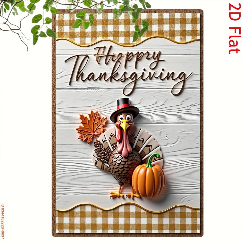 2D Flat, 1pc Vintage Turkey & Checkered Metal Thanksgiving Sign - Rustic Farmhouse Turkey with Gingham Frame - Heavy-Duty Iron