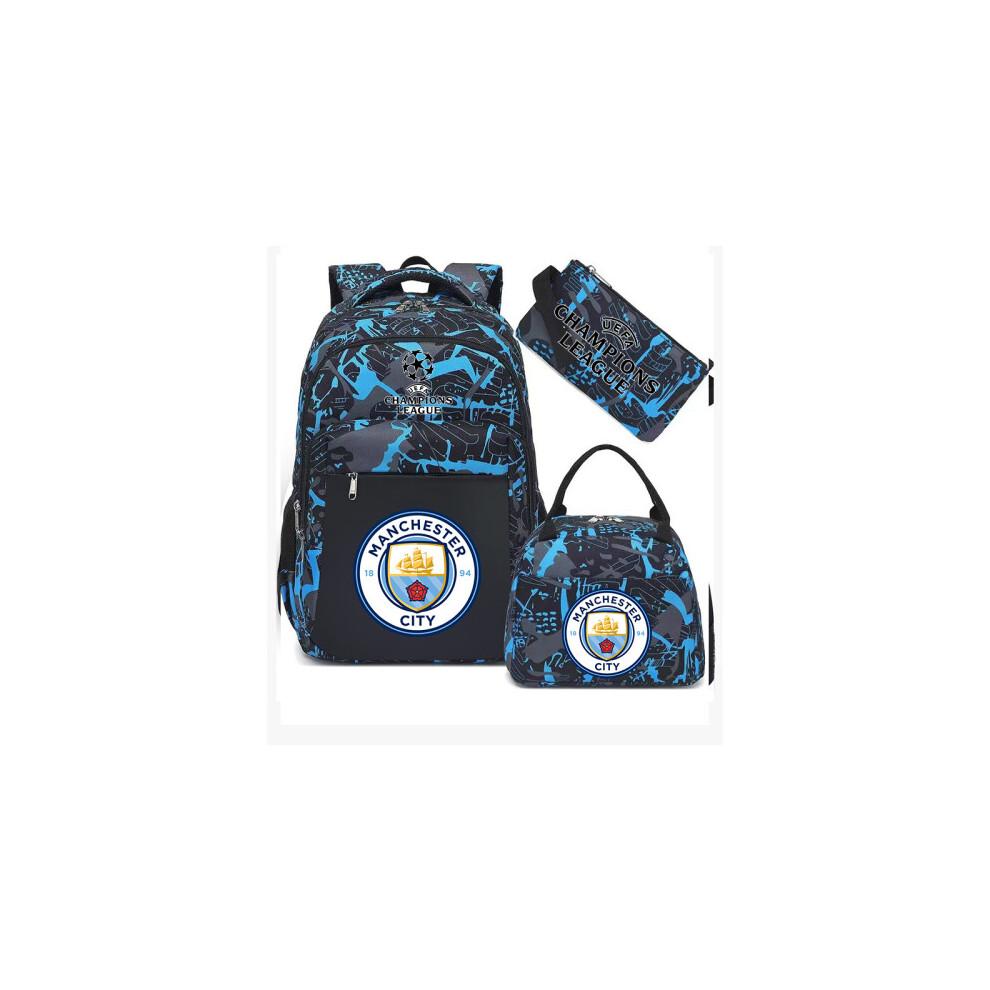 (Blue Manchester City) Football Star Peripheral Backpack Student Schoolbag Three-piece Lunch Bag Pencil Bag Children Men's Style