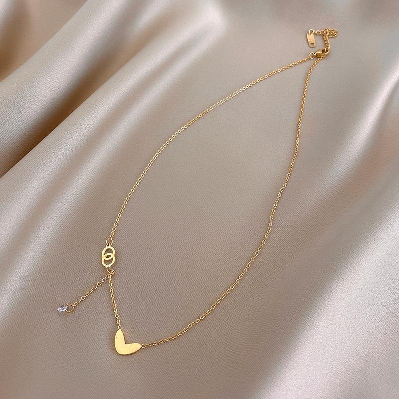 tainless steel love heart collarbone Chain Necklace Fashion zircon fringe necklace Girl Student  party gift