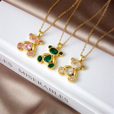 Cute Colorful Zircon Bear Pendant Necklaces for Women Girls Stainless Steel Chain Trendy Fashion Bear Jewelry Accessories Gifts
