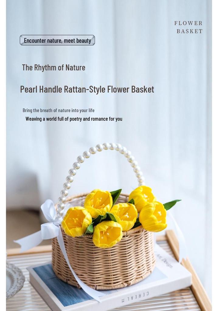 Mother's Day Pearl Handheld Woven Flower & Dessert Display Basket