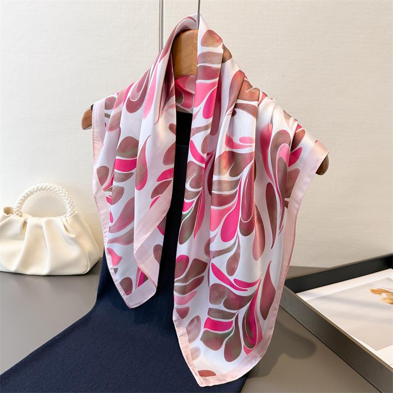 Soft Leaf Print Elegant High-end Silk Scarf Imitation Square Shawl Versatile Neck Small Women