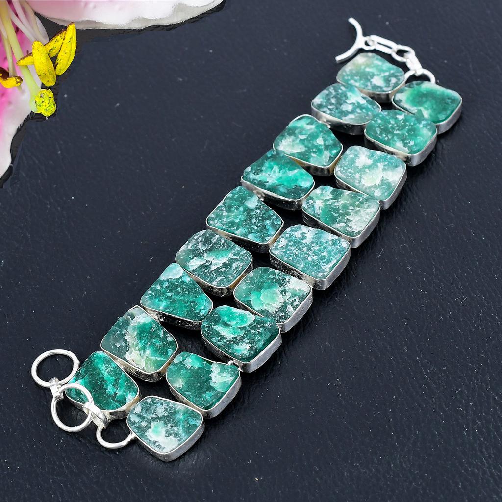 Green Hememorphite Druzy Gemstone 925 Sterling Silver Bracelet 7-8" KG-1818