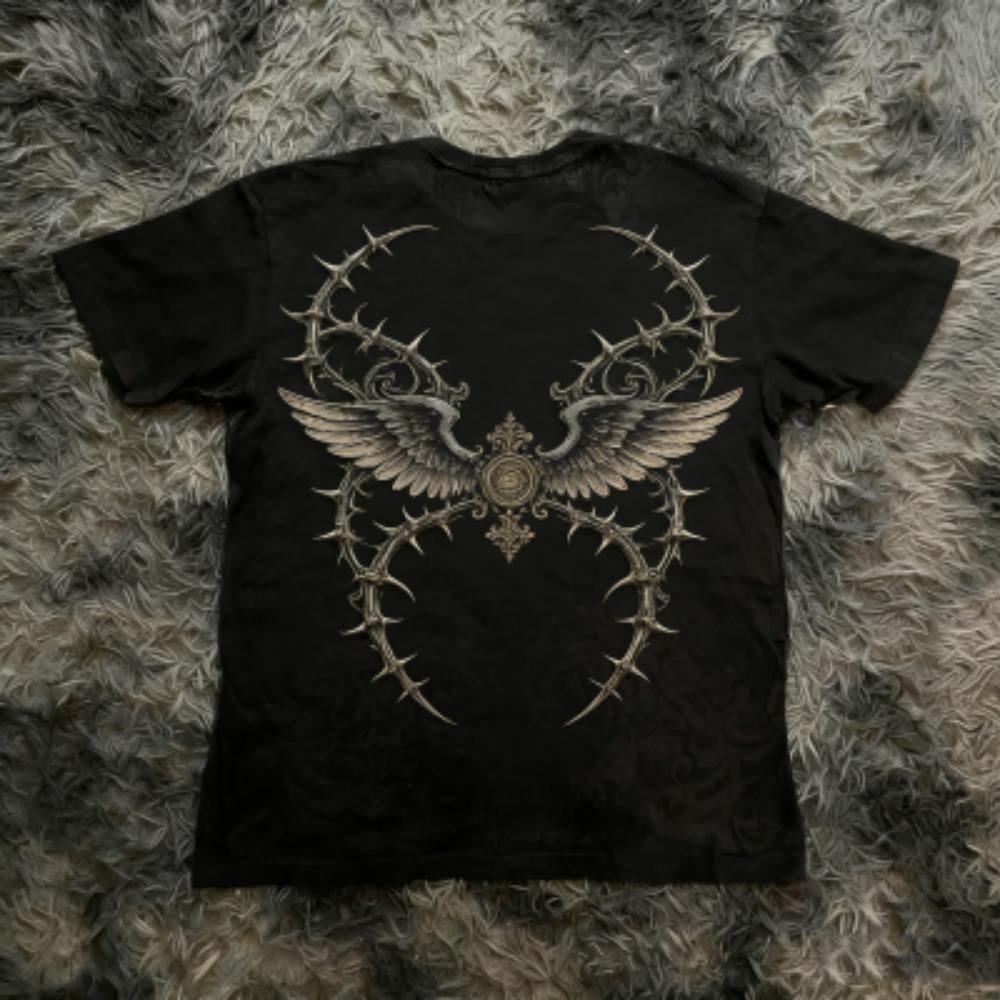 Fashion Summer Kids T-shirt Gothic Vintage Cross Wing Print Tees Round Neck T-shirt Outdoor Street Style Top Casual Boy and Girl's Clothing