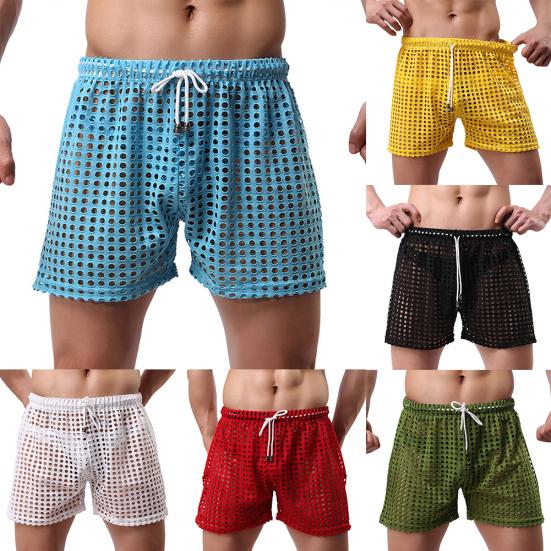 Erotic Men Solid Color Mesh See Through Hollow out Drawstring Shorts Beach Pants