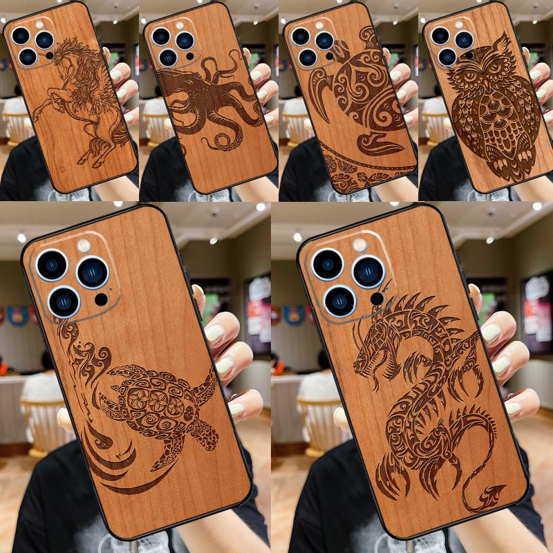 Turtle Elephant Dragon Wood Phone Case For iPhone 17 Pro Max 14 13 12 11 15 16 Pro Max mini 16 Plus 16e 17 Air Funda
