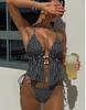 Fato de Banho Feminino Preto Bolinhas Sexy Decote Halter Costas Nuas Amarrado nas Laterais Fato de Biquíni Roupa de Praia Fatos de Banho