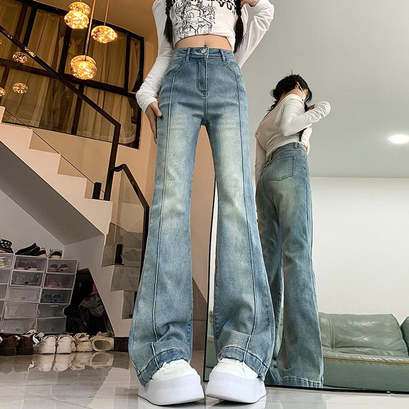 Women s High-Waisted Patchwork Micro-Flare Jeans - Slim, Stretch, Long Trumpet Design XL средний синий