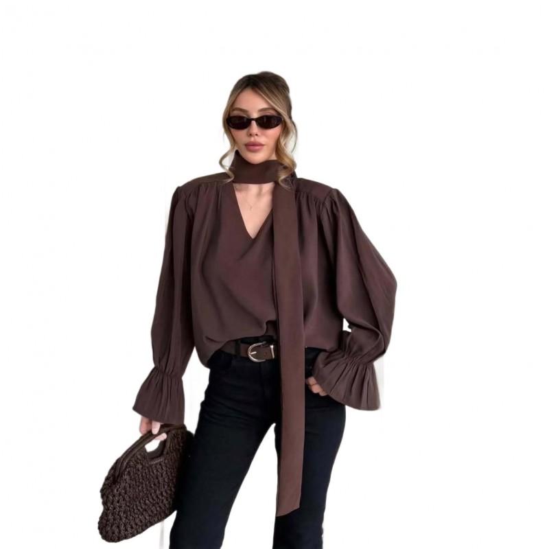 2026 Womens Long Sleeve Blouse With Ruched Detail Tie-Neck Puff Slimming Fit Elegant Casual Shirt