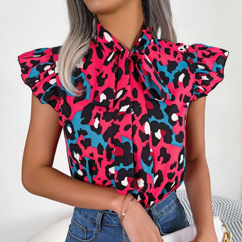 

Летняя рубашка без рукавов, повседневная модная блузка с леопардовым принтом, милые шифоновые топы на шнуровке с бантом и воротником, женская свободная одежда 28622 XL розы красного