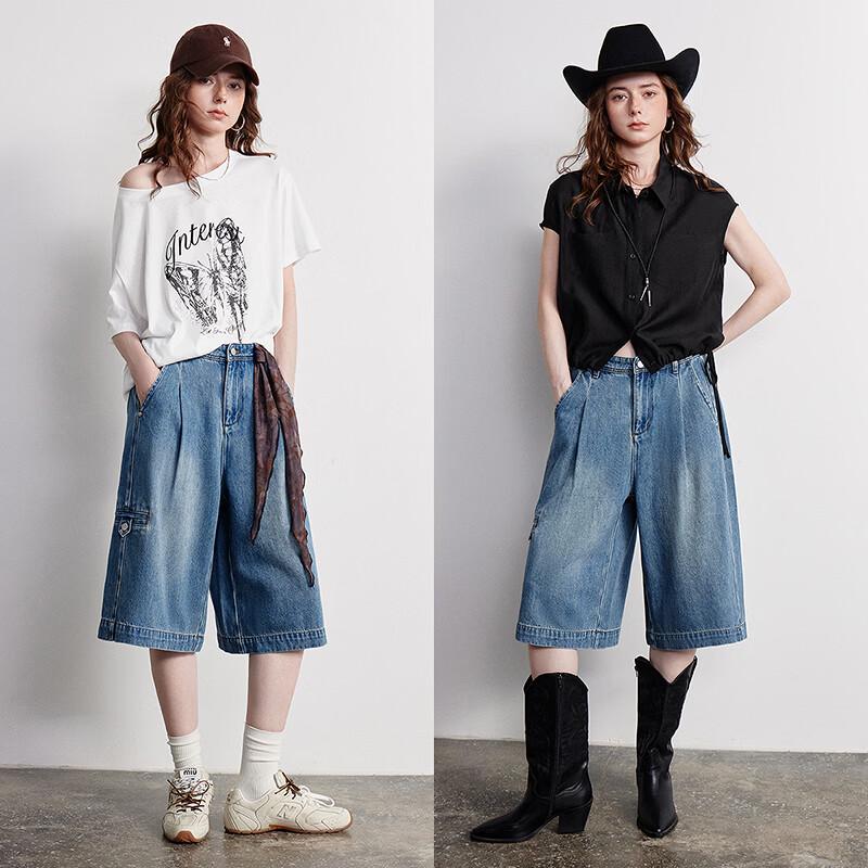 Chuyu Women's American Workwear Wide-Leg Denim Shorts