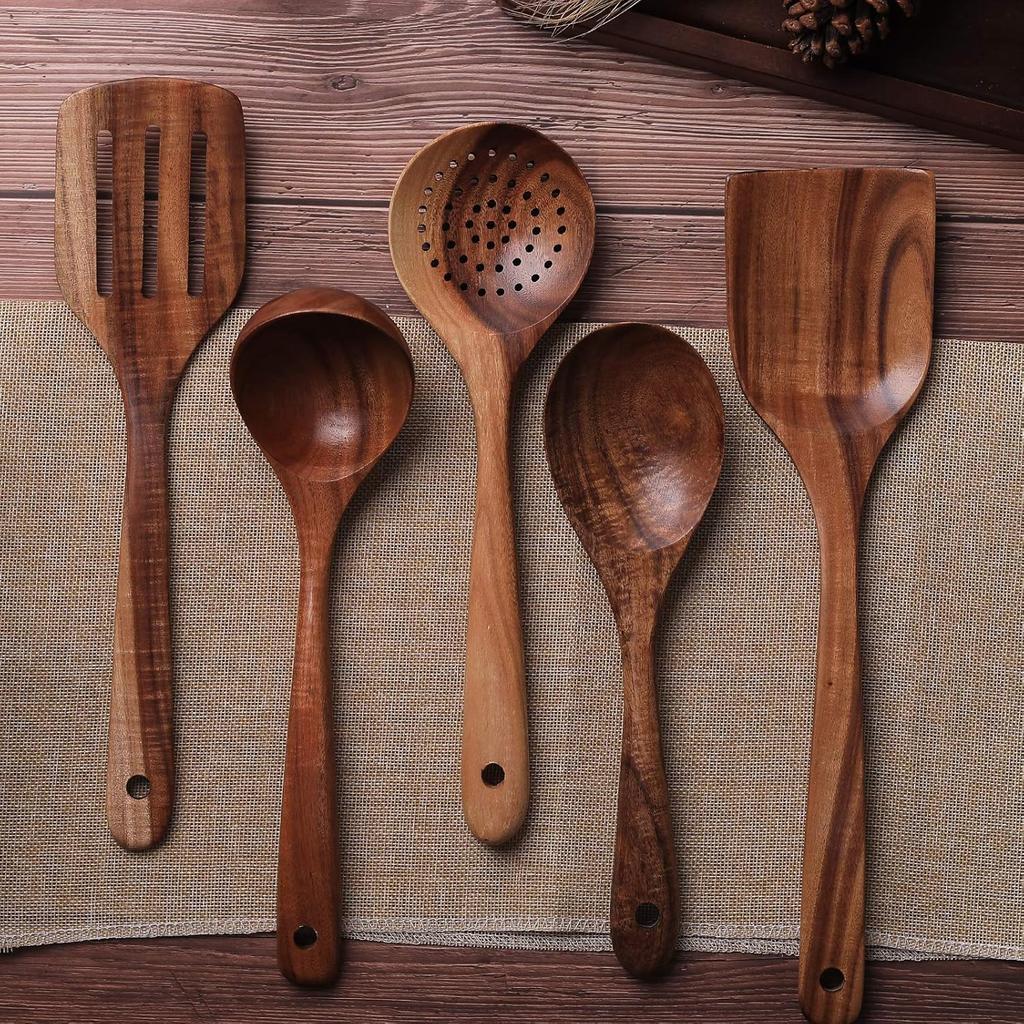 Wooden Cookware, Teak Cookware Non-stick Cookware Wooden Spoon Cookware, Natural Teak 100% Handmade, Without Any Lacquer Kitchen Wooden Utensil Set 5