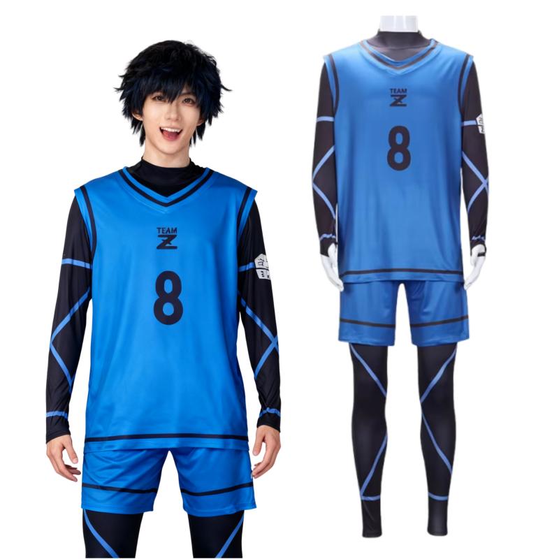 Bachira Meguru Cosplay Costume Anime Blue Shorts Jersey Football with Black Bodysuit Club Sportswear Jumpsuits Set for Men Women