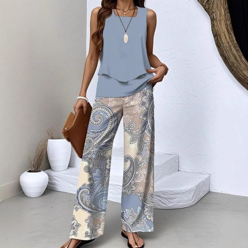 Novedades de Primavera y Verano, Conjuntos Casuales, Estampados de Moda, Ropa de Mujer sin Mangas, Chalecos de Doble Capa, Colores Lisos, Conjuntos Estampados