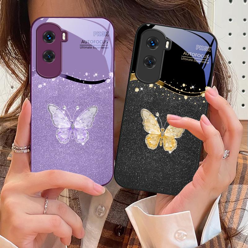 Gradient Diamond Butterfly For Honor 200 90 8X 9X Pro Lite P50 P40 Nova 10 11i P60 Magic4 6 Mate 20 50 Tempered Glass Phone Case