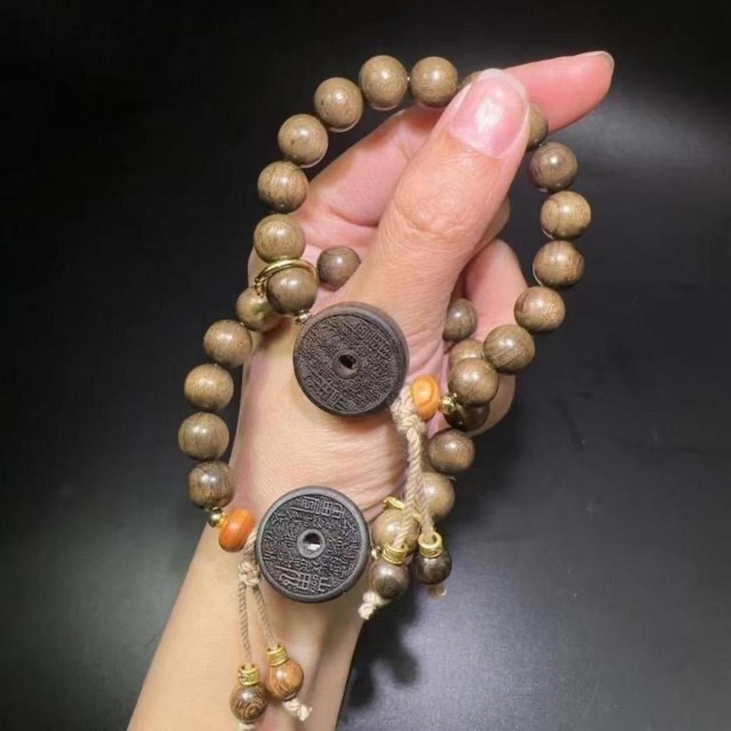 Golden Silk Phoebe Wood Bracelet with Ghost Flower Pendant - Unisex Cultural Prayer Beads