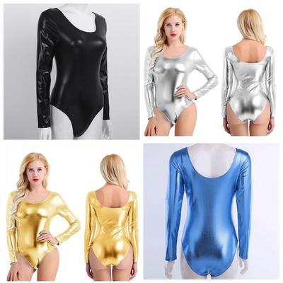 Kadın Metalik Sıvı Uzun Kollu Jimnastik Dans Mayosu Bodysuit Kulüp Giyim