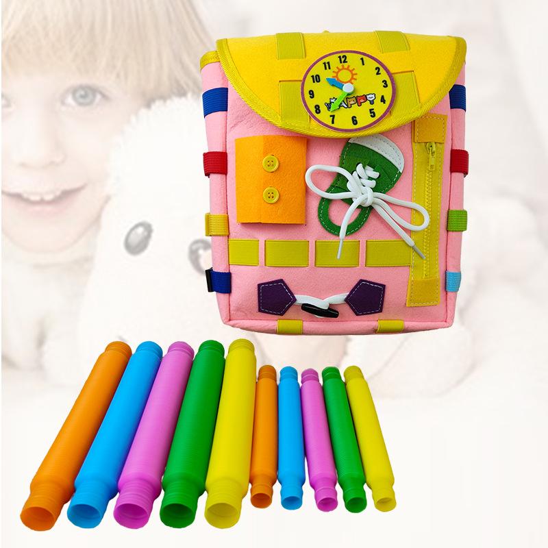 

Бизиборд Рюкзак для малышей Монтессори Сенсорные игрушки с пряжкой с цифрами Обучающая деятельность Мелкая моторика Игрушки для путешествий для малышей розовый