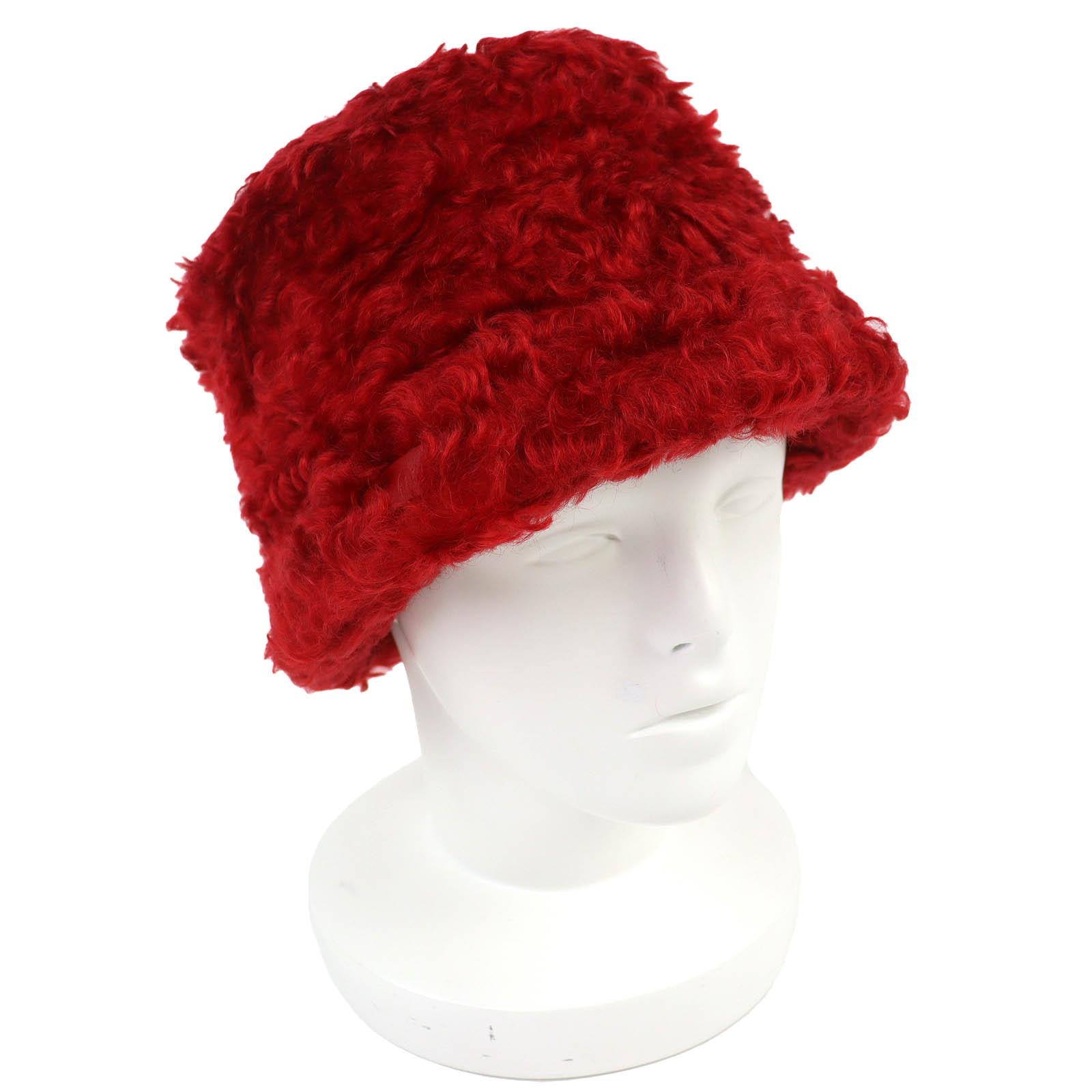 Excellent MIUMIU Mohair Blend Fur Bucket Hat with Logo Leather Patch Red Women S Used