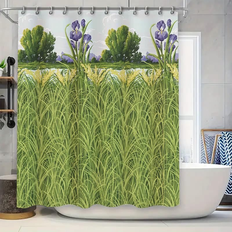 

Зелень Занавеска для душа Печатная ткань Водонепроницаемая Водонепроницаемая Декоративная Панель для уединения на окно в ванной комнате 3D Дизайн травы и цветов для 90x180cm