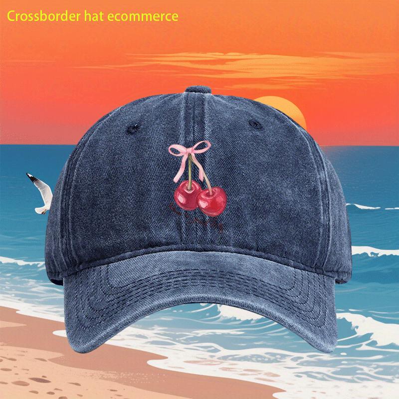 Cherry Bow Print Washed Baseball Cap Casual Polyester Adjustable Curved Brim Couple Hat