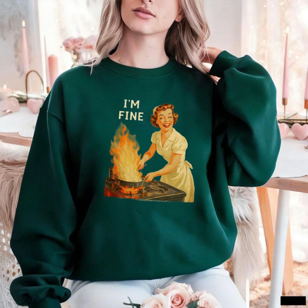 I’m Fine Retro Funny Housewife Graphic Sarcastic for Women USA Autumn and Winter Sweatshirt Long Sleeve Casual Thermal Hoodie