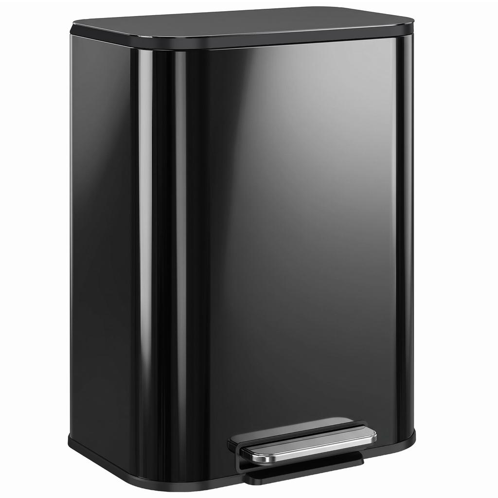 50L Kitchen Bin, Metal Pedal Rubbish Bin with Soft Close and Stay-Open Lid, Removable Inner Bucket, High Gloss Black
